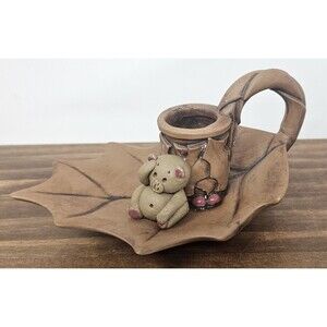 Hand Made Ceramic Studio Art Pottery Chamberstick Holder Holly Leaf Teddy Bear